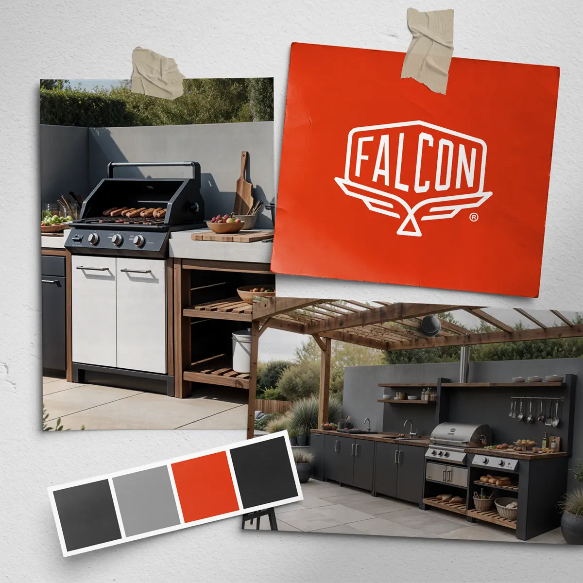 Branding en huisstijlconcept voor Falcon buitenkeukens, ontwikkeld door Studio Smaakt in Nijmegen. Stoere kleurencombinatie van zwart, grijs en rood met industriële en buitenstijlige uitstraling.