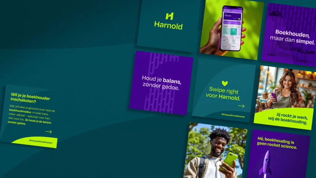 Digitale huisstijl en kleurrijke branding voor Harnold, een innovatieve boekhoudapp ontworpen door Studio Smaakt in Nijmegen.