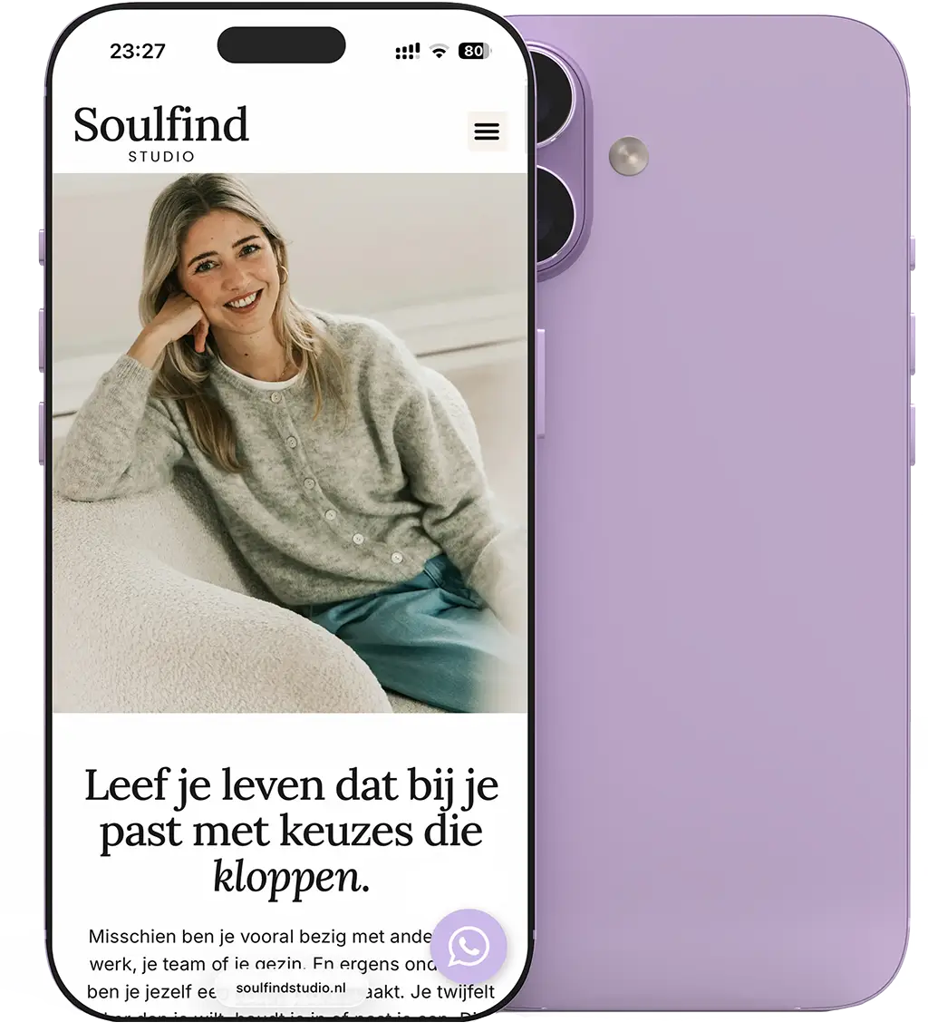 Webdesignproject voor Soulfind Studio, ontwikkeld door Studio Smaakt in Nijmegen. Zachte, natuurlijke uitstraling met focus op rust, ruimte en persoonlijke coaching.”