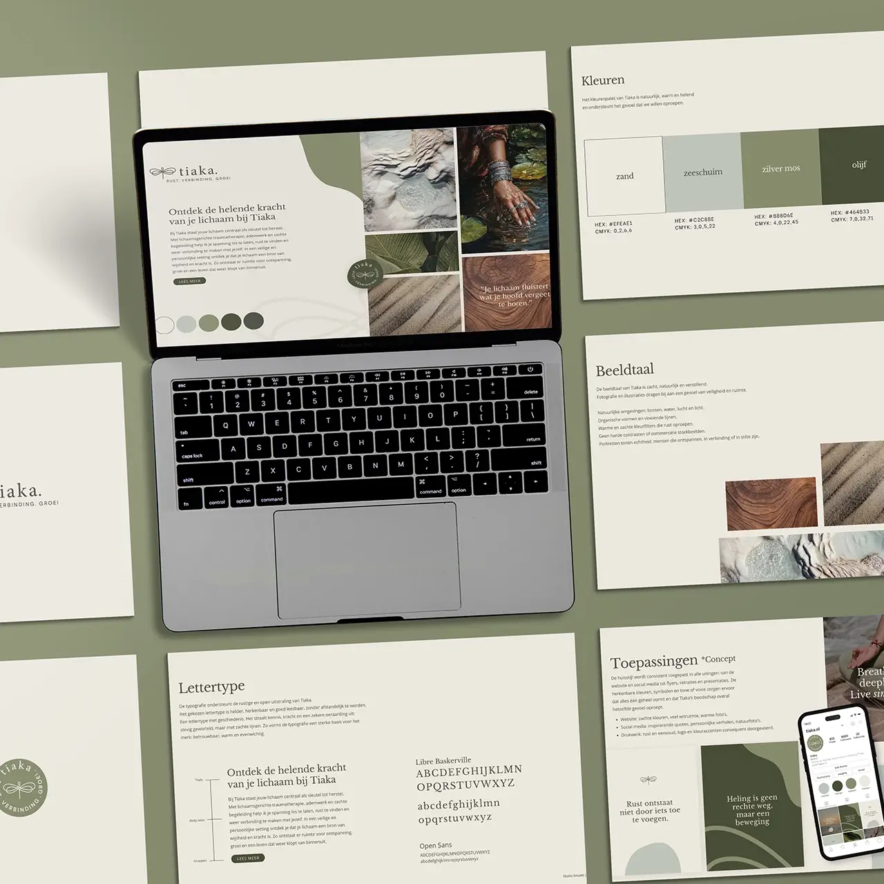 Visueel merkconcept voor Tiaka, lichaamstherapeut, met moodboards en kleurpalet die de helende kracht van aanraking en natuur verbeelden.
