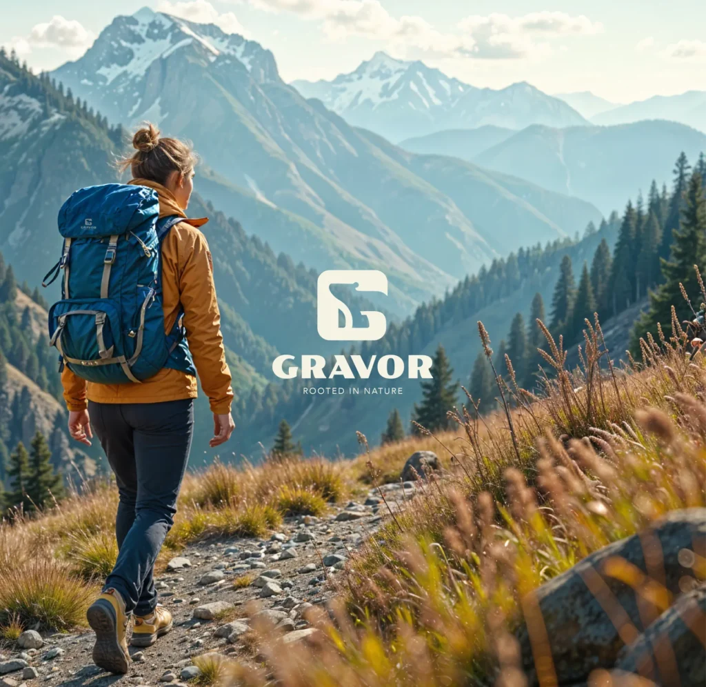Branding en logo voor Gravor, een outdoor- en hikingmerk met focus op natuur, avontuur en duurzaamheid. Ontworpen door Studio Smaakt in Nijmegen.